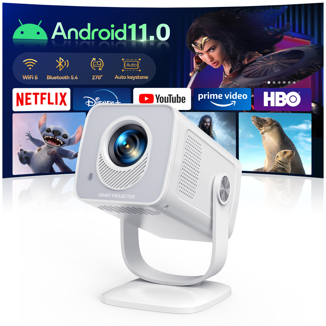 【Built-in Apps | Short Throw】Mini-Projector with WiFi6 and Two-Way Bluetooth5.4, 4K 1080P Support Portable Projector, Auto Keystone 270° Rotation Outdoor Movie Projecteur for Phone/HDMI/TV Stick,White