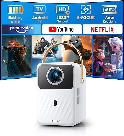 【Built-in Apps & Battery】 Mini Projector with 5G WiFi and Bluetooth, Portable-Projector 1080P, Outdoor-Movie-Projecteur, Electric Focus, Auto Keystone, TOPTRO Smart Projector for Outdoor/Indoor/Home