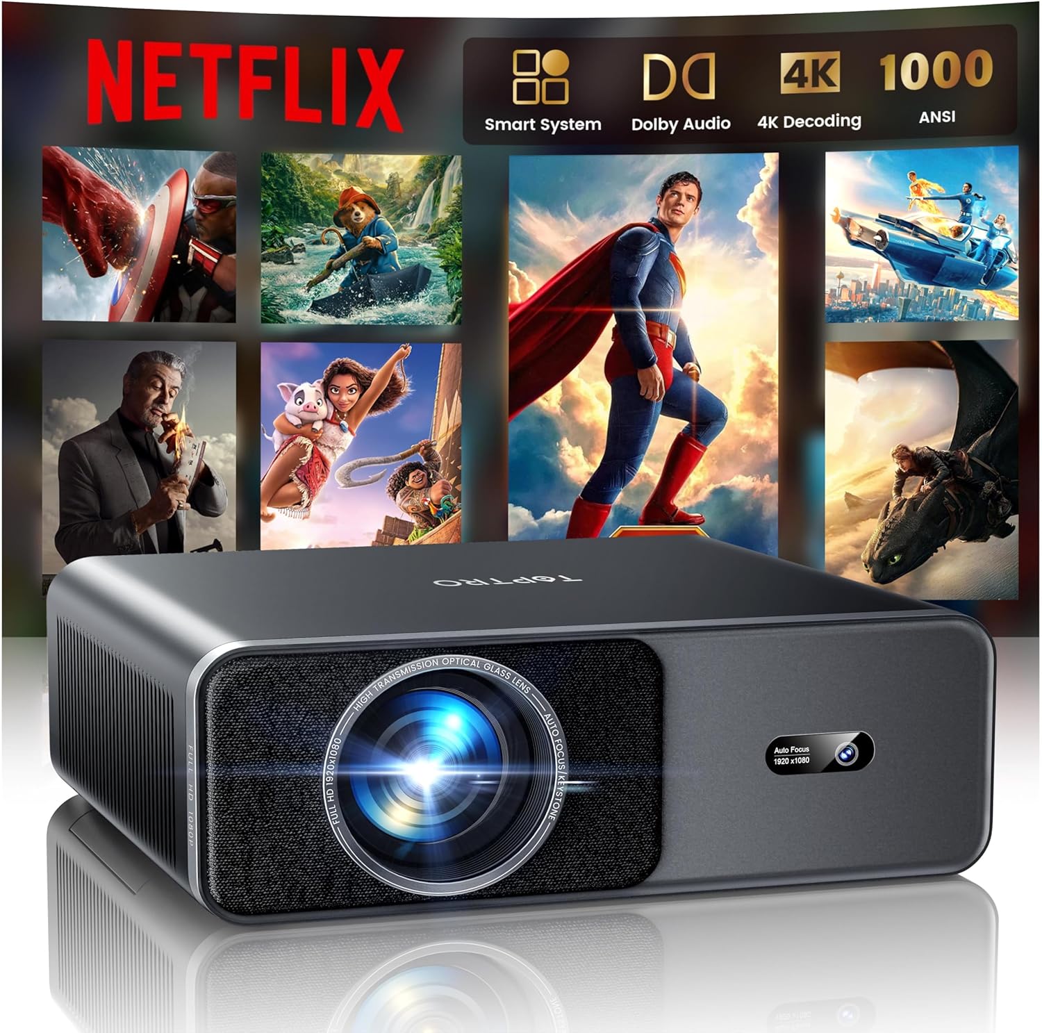 1000 ANSI/Netflix-License/20W Dolby Audio] Smart Projector