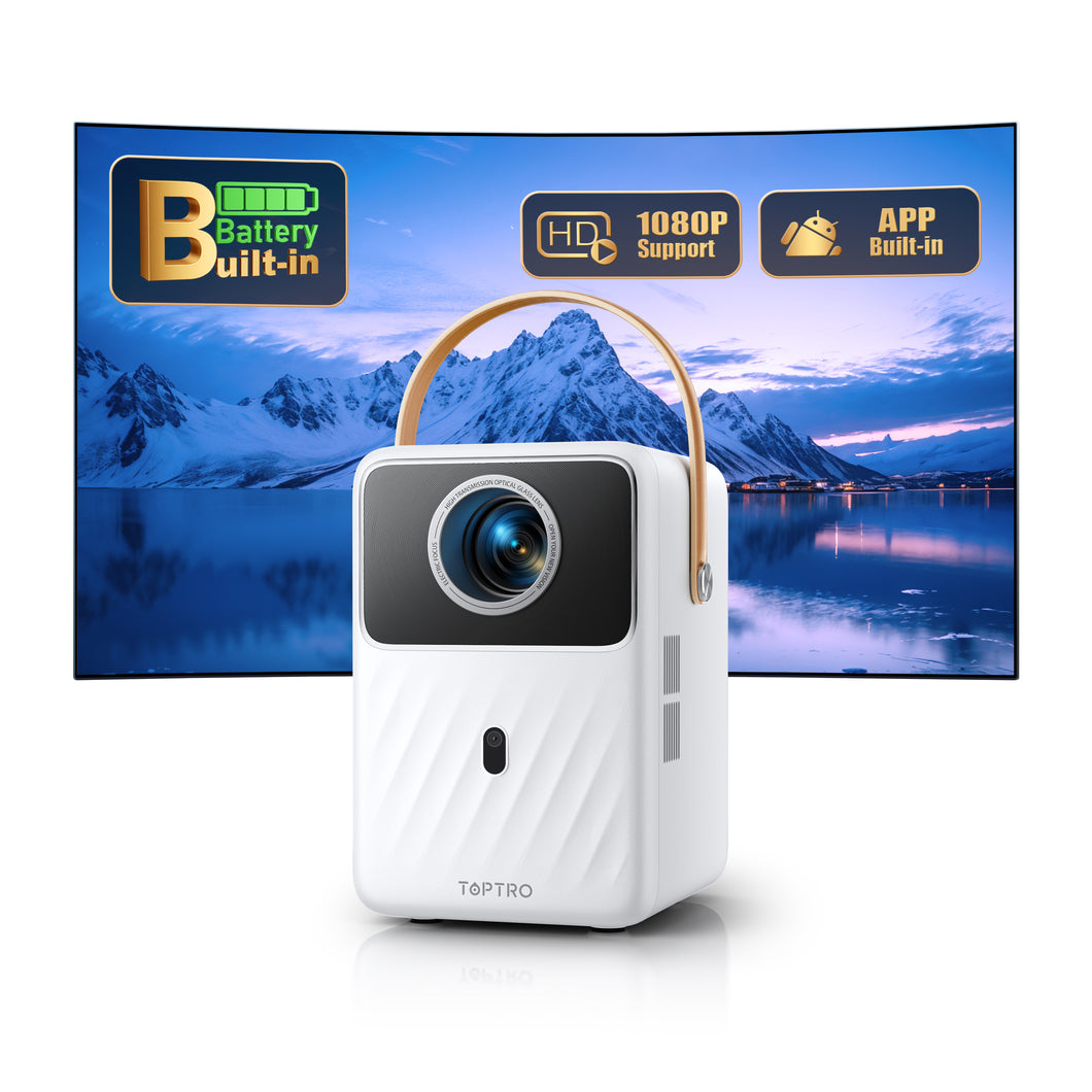Mini Beamer【Eingebauter Akku & Andriod TV】 Toptro 1080P Full HD Beamer Heimkino mit Elektrischer Fokus, 300 ANSI 720P Native WiFi Bluetooth, 50% Zoom Klein Projektor Outdoor für Android/iOS/USB