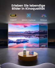 将图片加载到图库查看器，Mini Beamer【Eingebauter Akku &amp; Andriod TV】 Toptro 1080P Full HD Beamer Heimkino mit Elektrischer Fokus, 300 ANSI 720P Native WiFi Bluetooth, 50% Zoom Klein Projektor Outdoor für Android/iOS/USB
